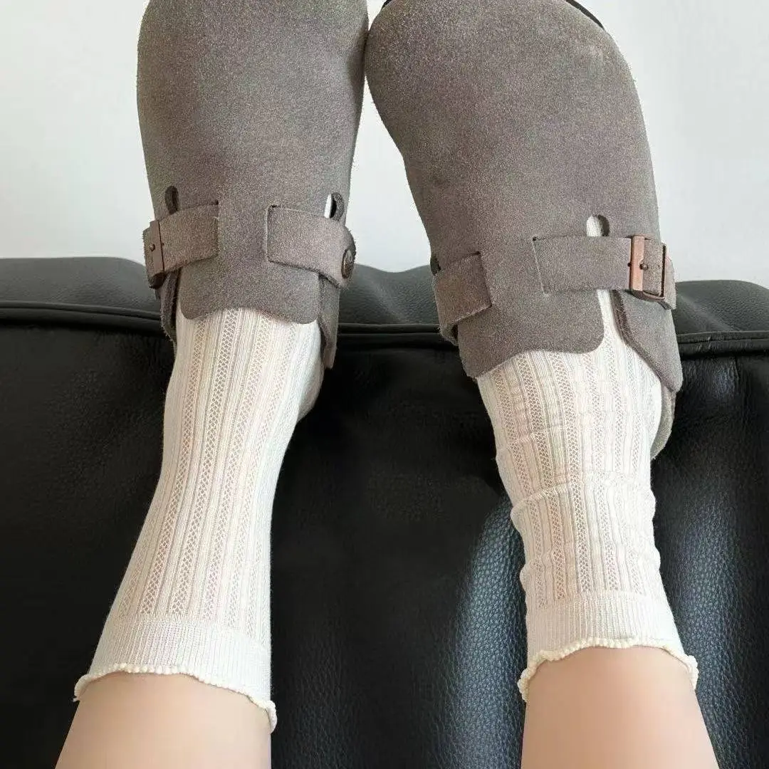 Wood Ear Edge Solid Color Mesh Hollow Socks Women's Mid-length Socks Instagram Trendy Summer Thin Ballet Stocking for Women — feature 7