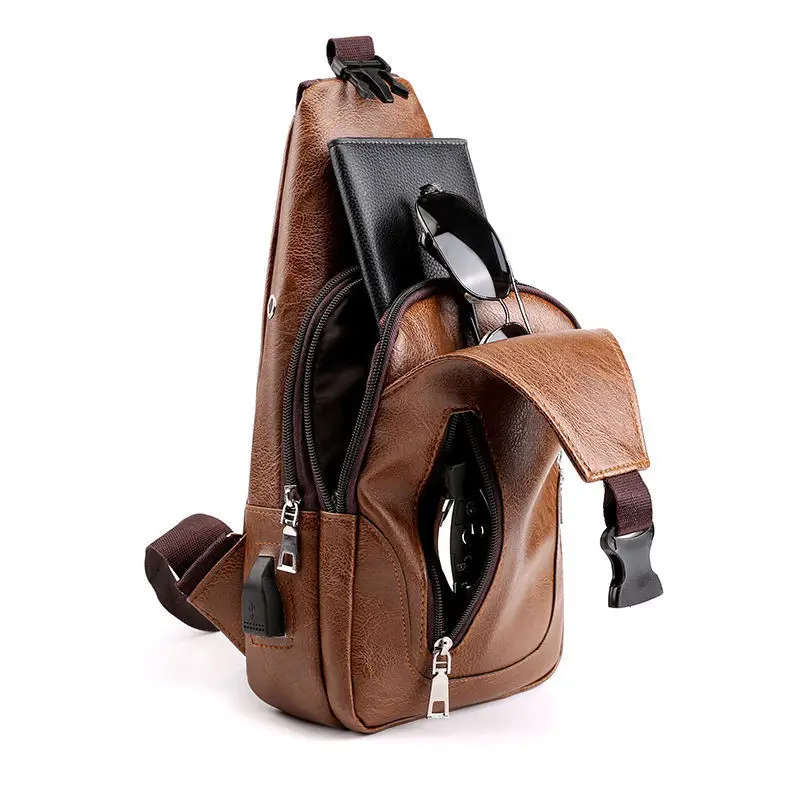 Men's Trendy Leather Crossbody Bag with Phone Charger
