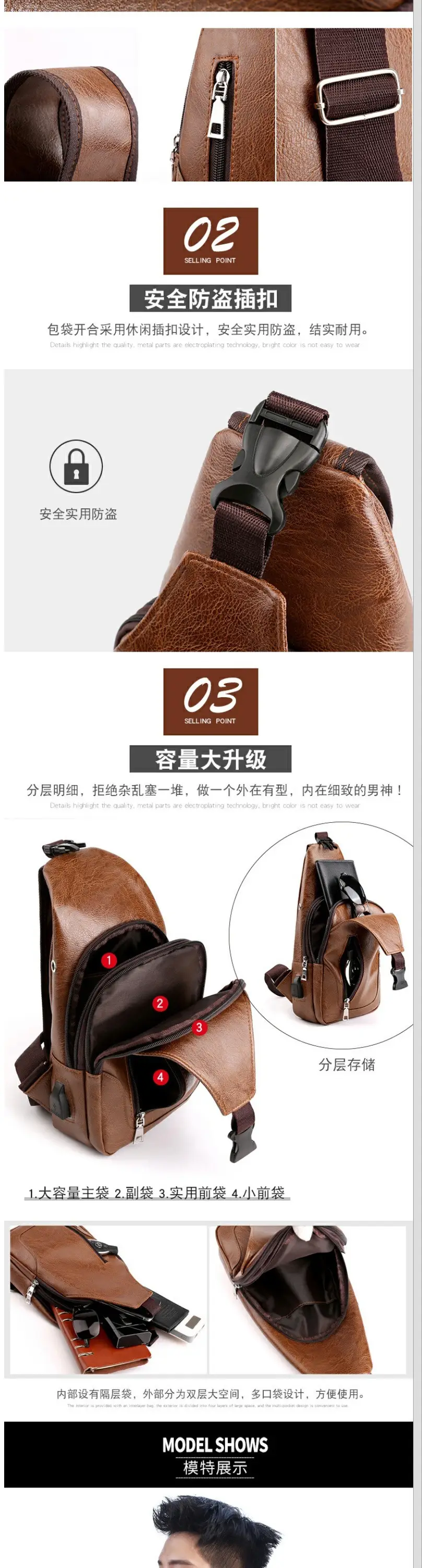 Men's Trendy Leather Crossbody Bag with Phone Charger — feature 3