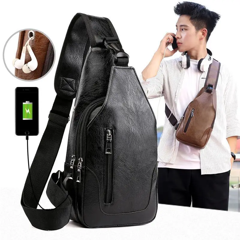 Men's Trendy Leather Crossbody Bag with Phone Charger