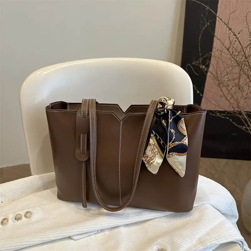 Women Large Capacity Tan Shoulder Bag with Silk Bow