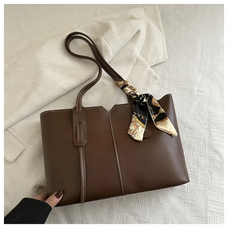 Women Large Capacity Tan Shoulder Bag with Silk Bow