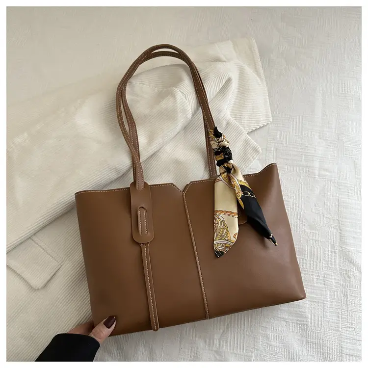 Women Large Capacity Tan Shoulder Bag with Silk Bow