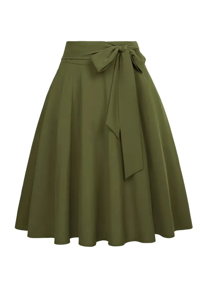 Women's Olive Green Pleated Skirt with Belt