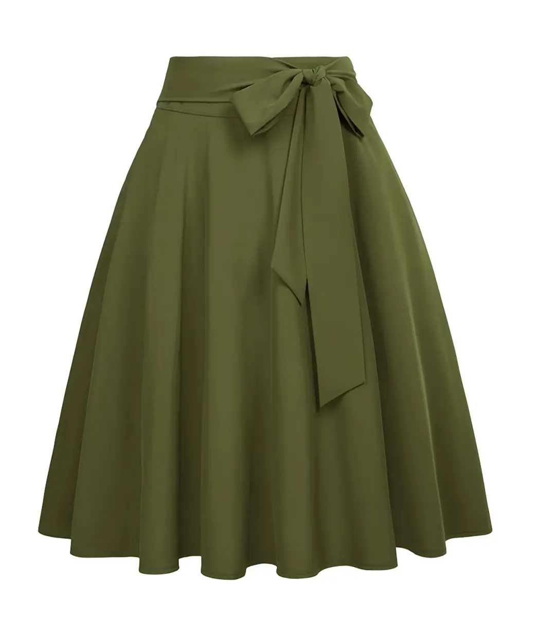Women's Olive Green Pleated Skirt with Belt — feature 16