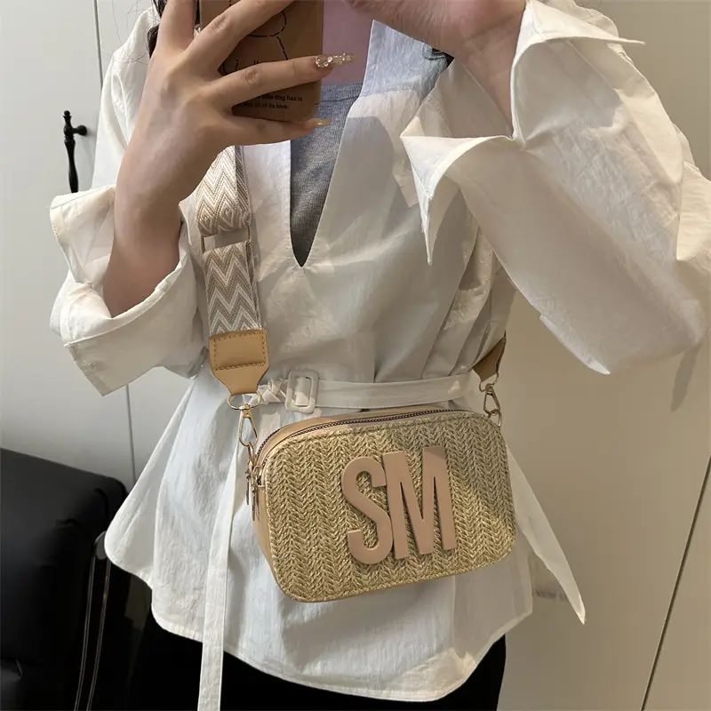 Women's Straw Bag with Logo Crossbody Shoulder Bag - Image 4