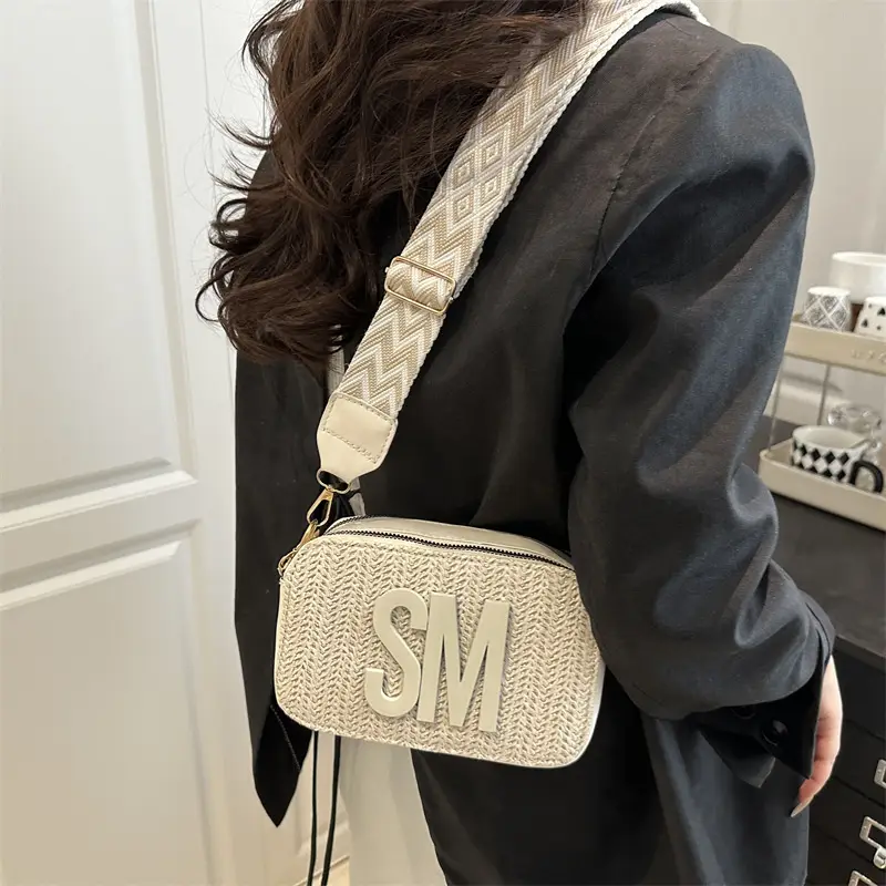 Women's Straw Bag with Logo Crossbody Shoulder Bag - Image 5