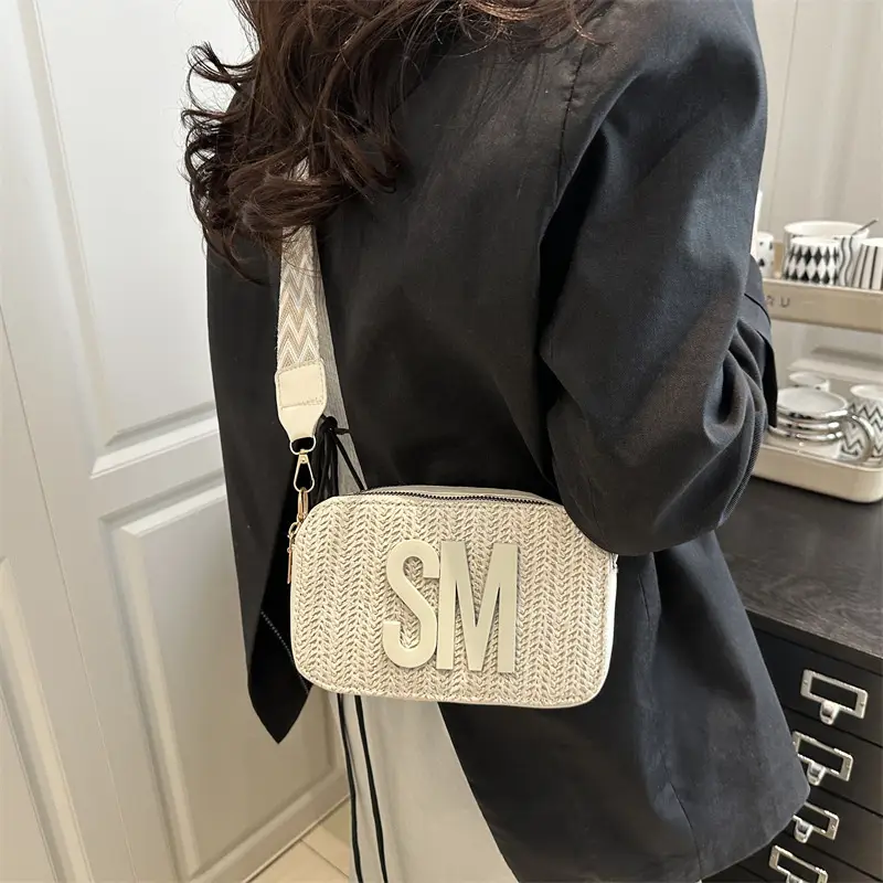 Women's Straw Bag with Logo Crossbody Shoulder Bag - Image 6
