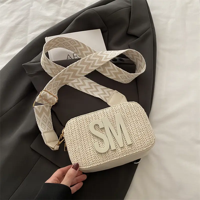 Women's Straw Bag with Logo Crossbody Shoulder Bag - Image 2