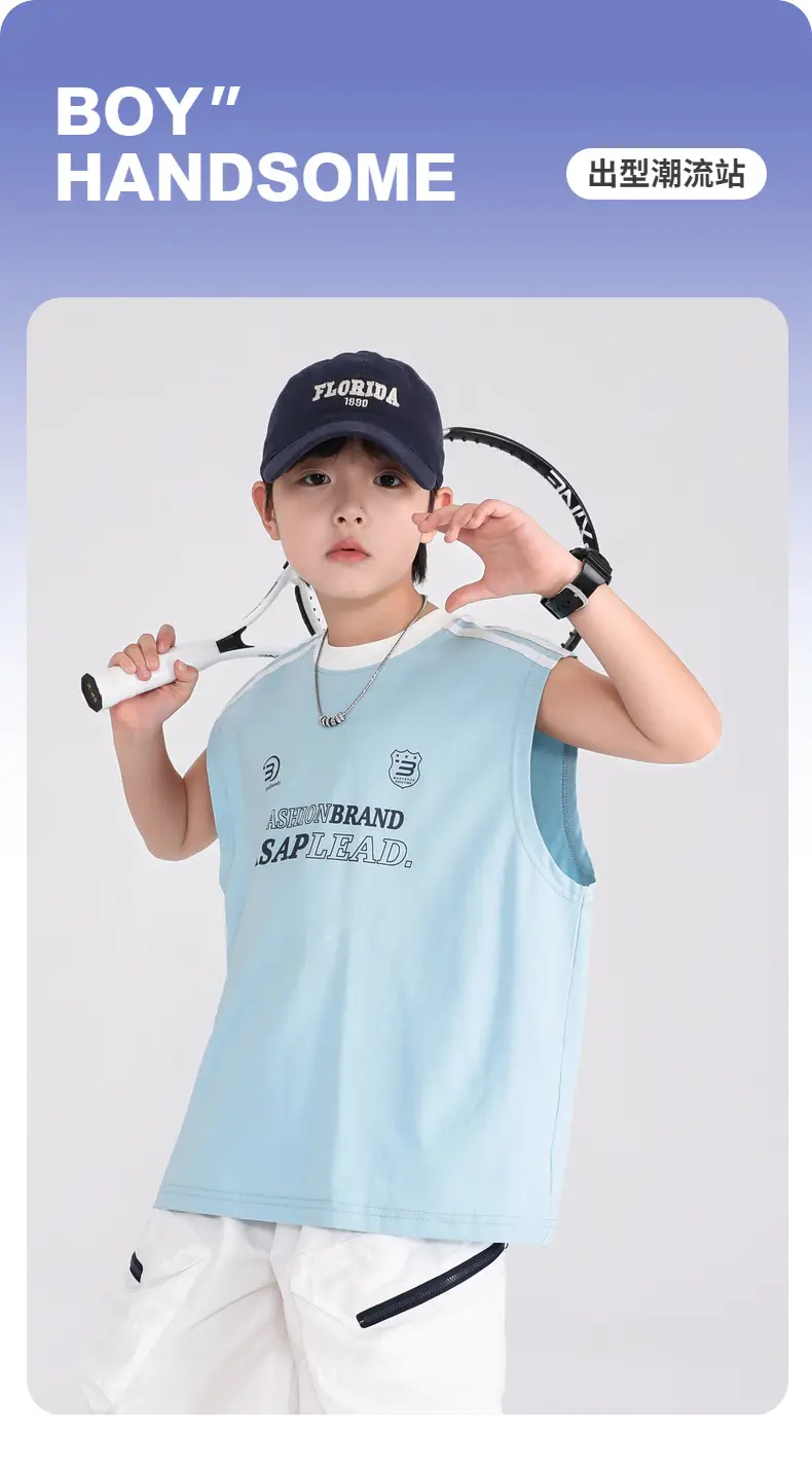 Boys Sleeveless T-Shirt Light Blue Summer Korean Style 2026 — feature 1