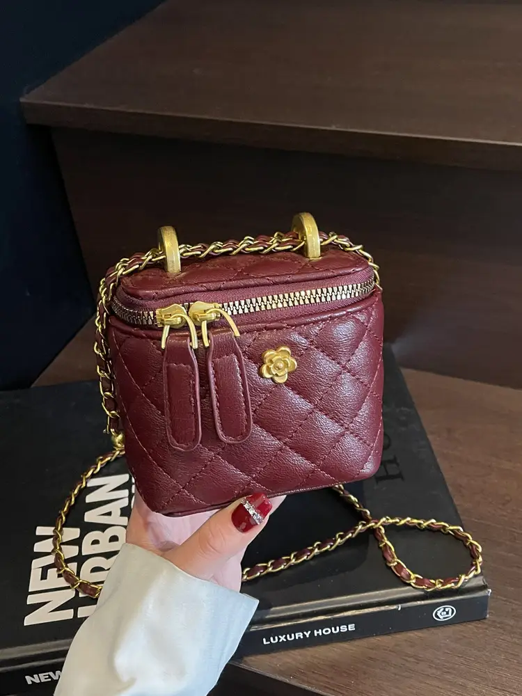 Women's Maroon Quilted Bucket Bag with Gold Chain