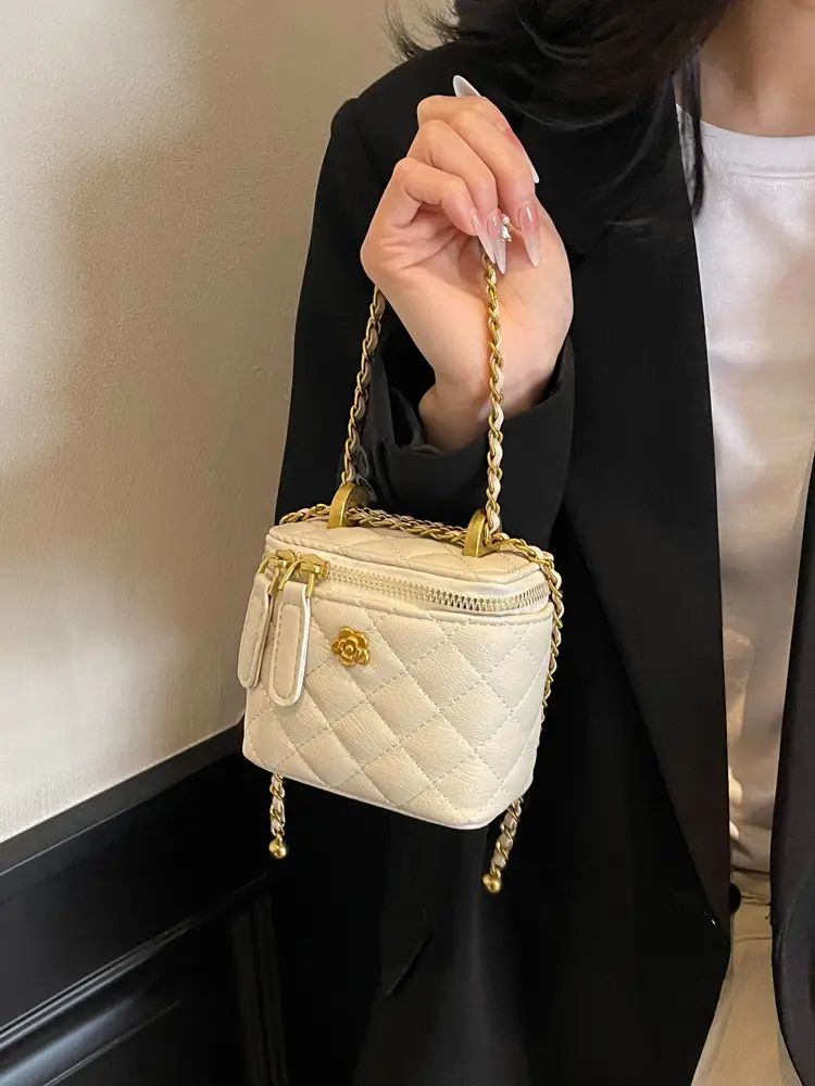 Women's Maroon Quilted Bucket Bag with Gold Chain