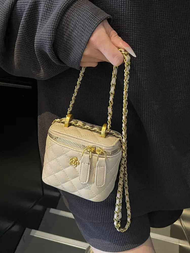 Women's Maroon Quilted Bucket Bag with Gold Chain
