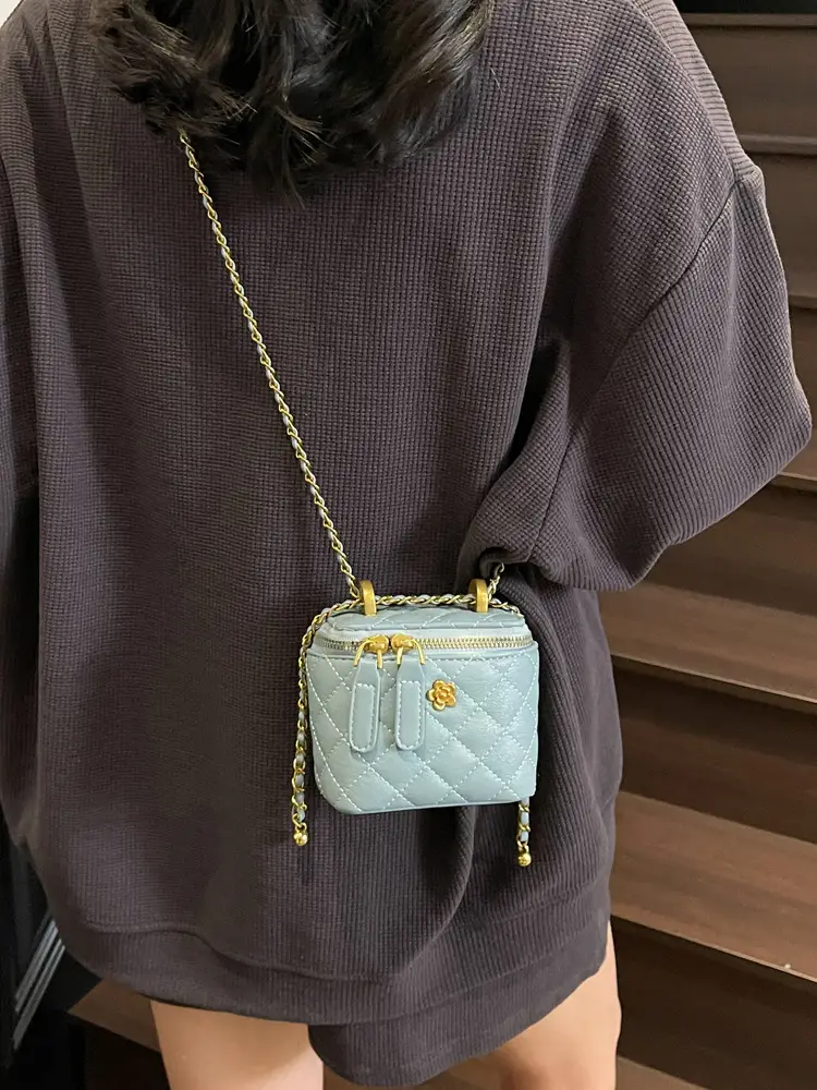Women's Maroon Quilted Bucket Bag with Gold Chain