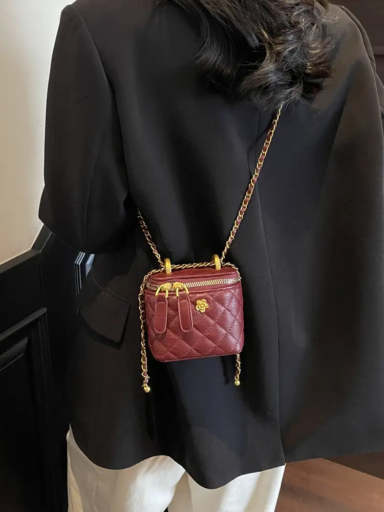 Women's Maroon Quilted Bucket Bag with Gold Chain