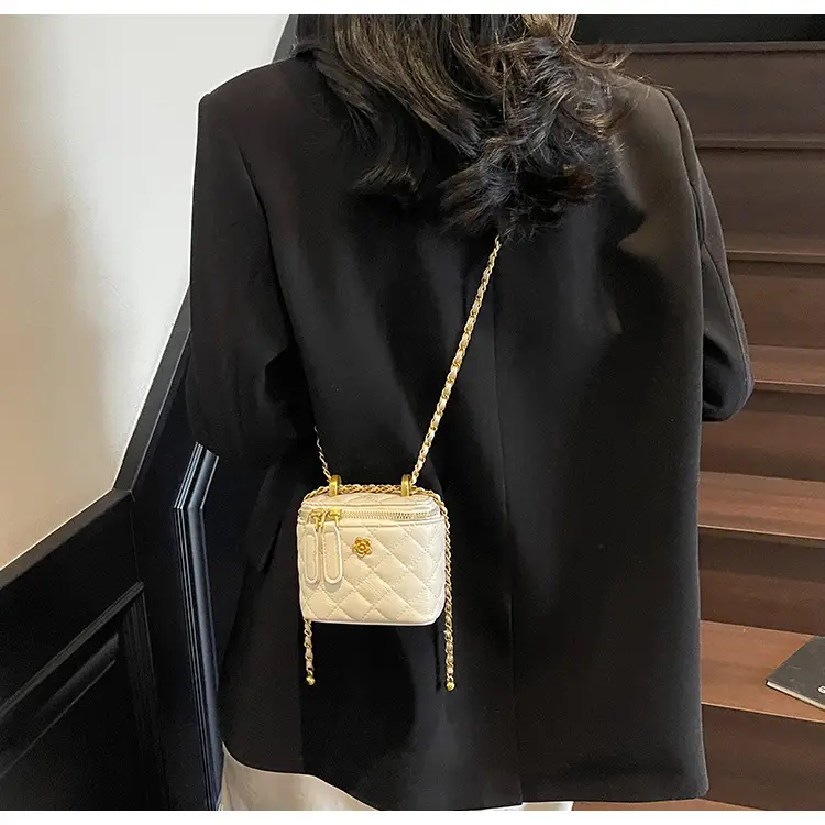 Women's Maroon Quilted Bucket Bag with Gold Chain — feature 10