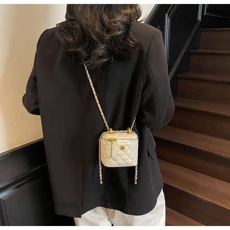 Women's Maroon Quilted Bucket Bag with Gold Chain — feature 11