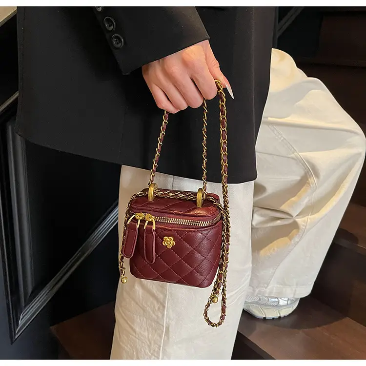 Women's Maroon Quilted Bucket Bag with Gold Chain — feature 12