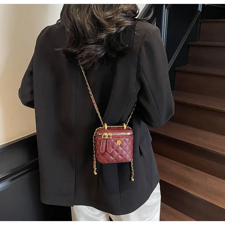 Women's Maroon Quilted Bucket Bag with Gold Chain — feature 13
