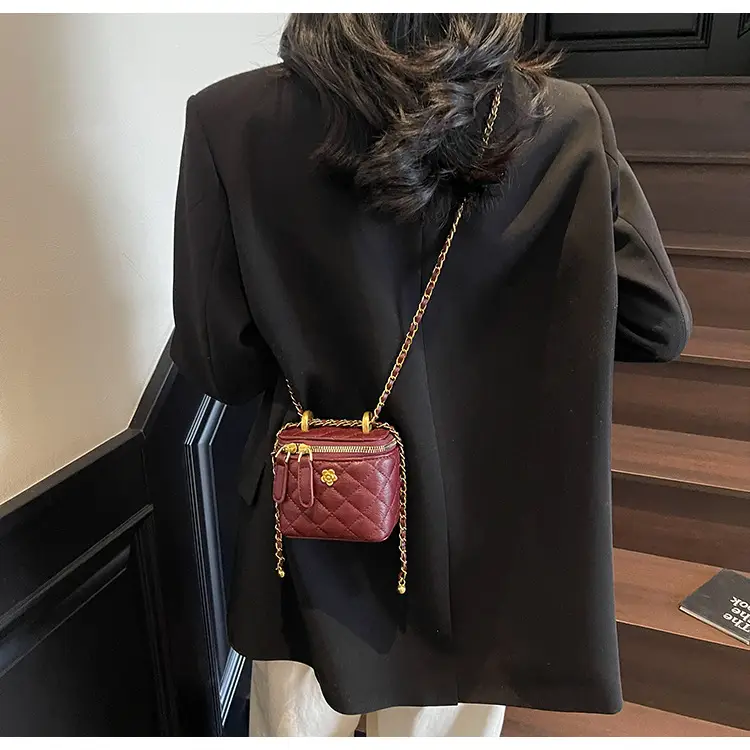 Women's Maroon Quilted Bucket Bag with Gold Chain — feature 14