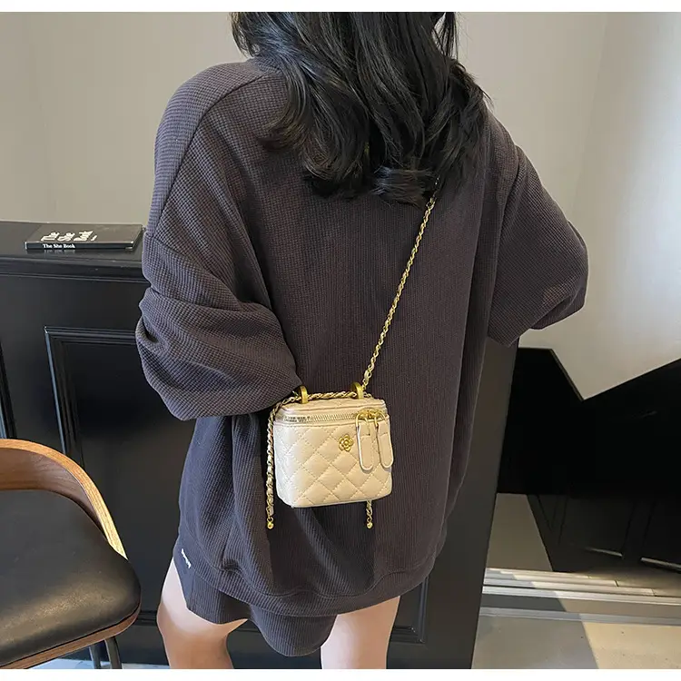 Women's Maroon Quilted Bucket Bag with Gold Chain — feature 15
