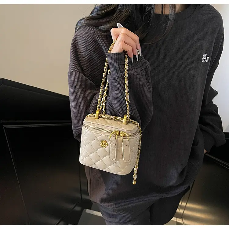 Women's Maroon Quilted Bucket Bag with Gold Chain — feature 16