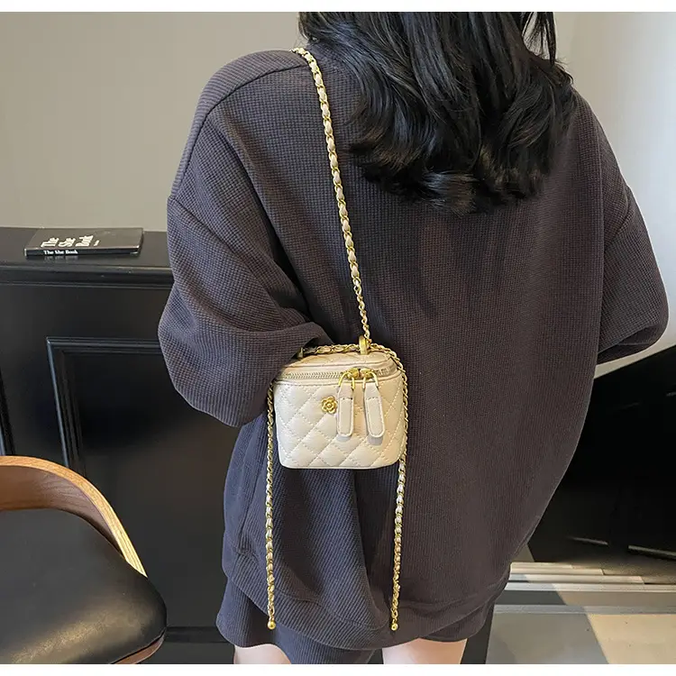 Women's Maroon Quilted Bucket Bag with Gold Chain — feature 17