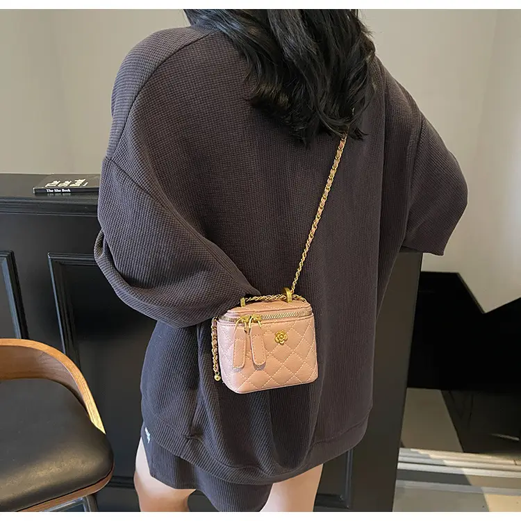 Women's Maroon Quilted Bucket Bag with Gold Chain — feature 18