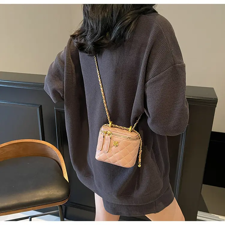 Women's Maroon Quilted Bucket Bag with Gold Chain — feature 19