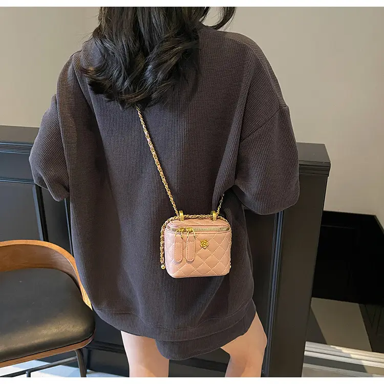 Women's Maroon Quilted Bucket Bag with Gold Chain — feature 20
