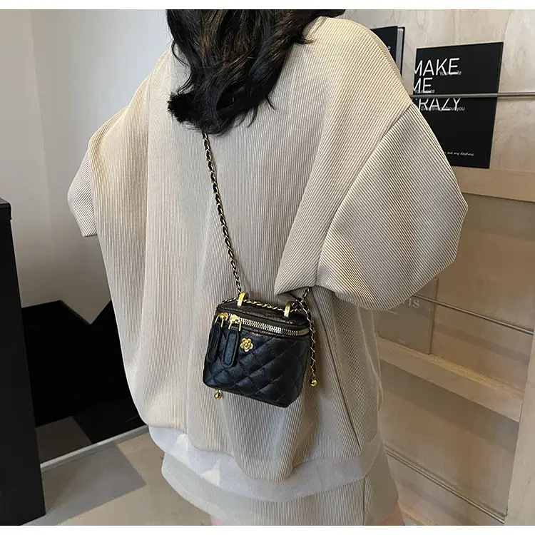 Women's Maroon Quilted Bucket Bag with Gold Chain — feature 21