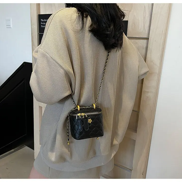 Women's Maroon Quilted Bucket Bag with Gold Chain — feature 22