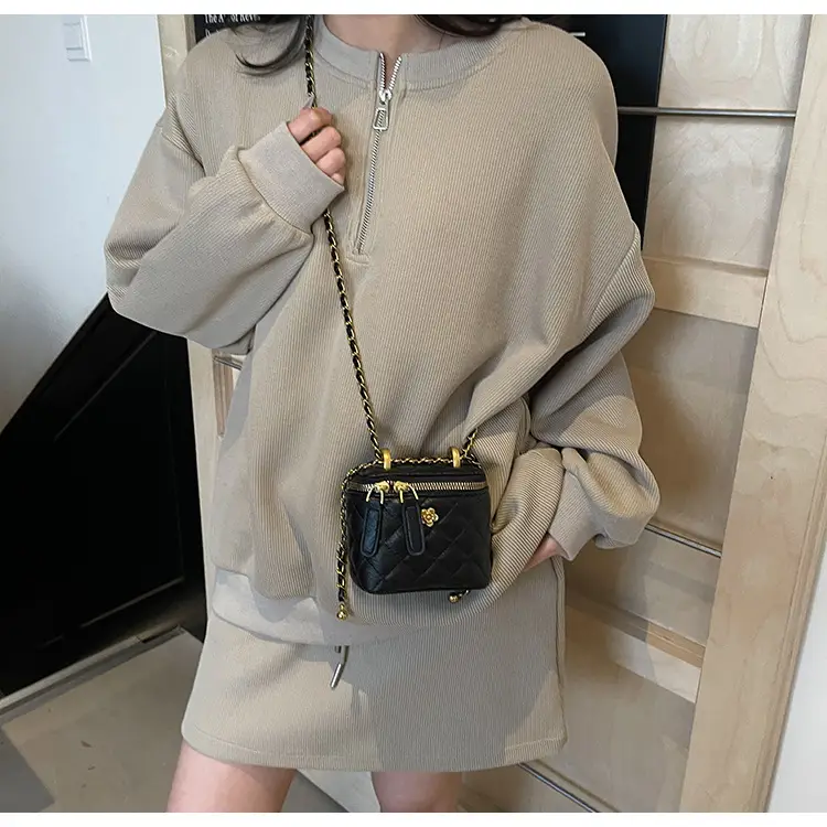 Women's Maroon Quilted Bucket Bag with Gold Chain — feature 23