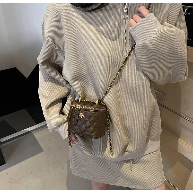Women's Maroon Quilted Bucket Bag with Gold Chain — feature 24