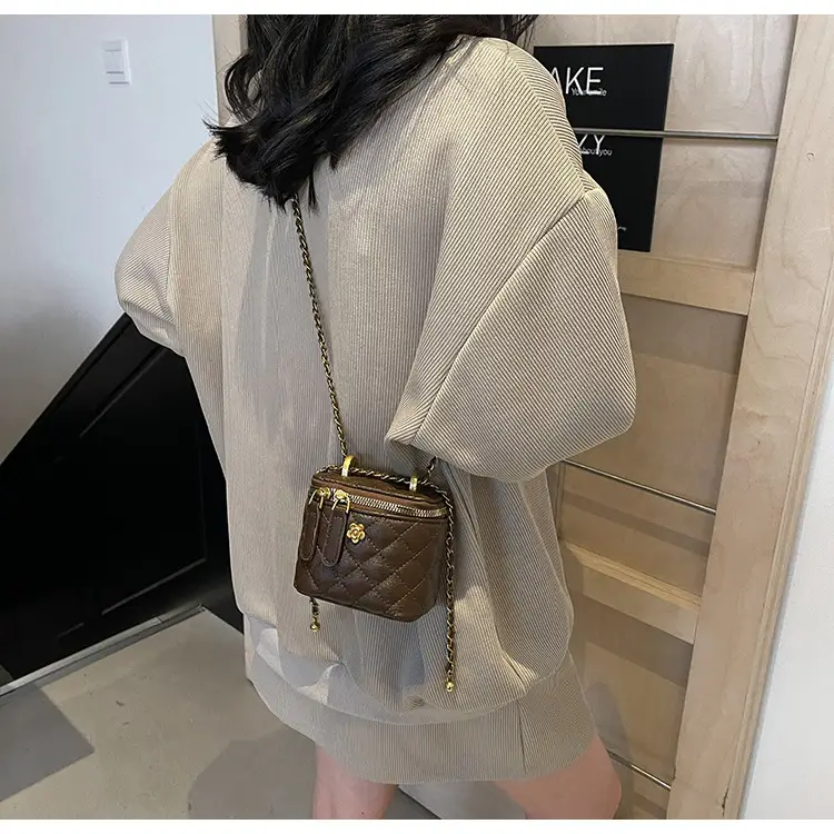 Women's Maroon Quilted Bucket Bag with Gold Chain — feature 25