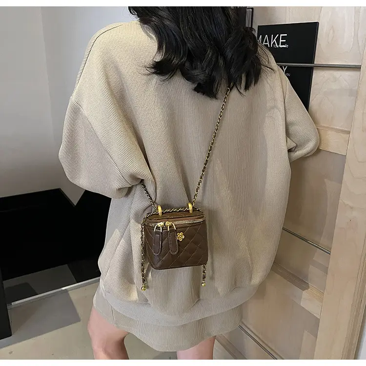 Women's Maroon Quilted Bucket Bag with Gold Chain — feature 26