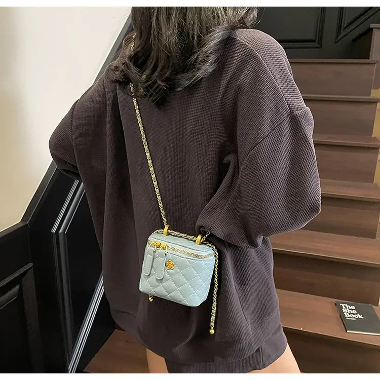 Women's Maroon Quilted Bucket Bag with Gold Chain — feature 27