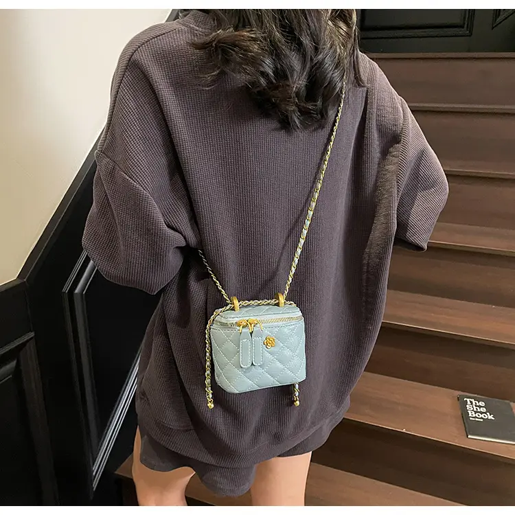 Women's Maroon Quilted Bucket Bag with Gold Chain — feature 28