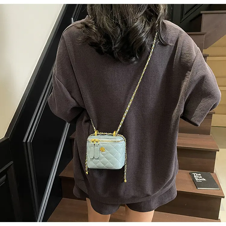 Women's Maroon Quilted Bucket Bag with Gold Chain — feature 29