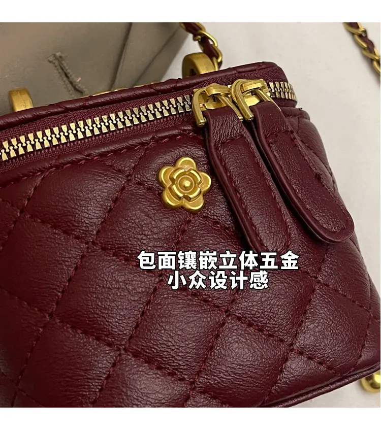 Women's Maroon Quilted Bucket Bag with Gold Chain — feature 3