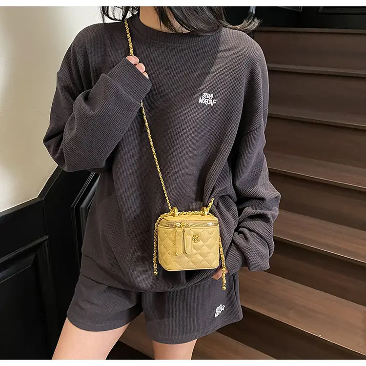 Women's Maroon Quilted Bucket Bag with Gold Chain — feature 30