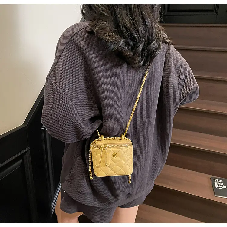 Women's Maroon Quilted Bucket Bag with Gold Chain — feature 31