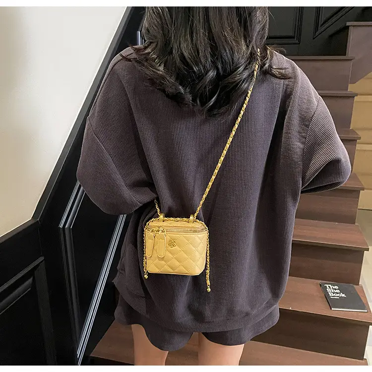 Women's Maroon Quilted Bucket Bag with Gold Chain — feature 32