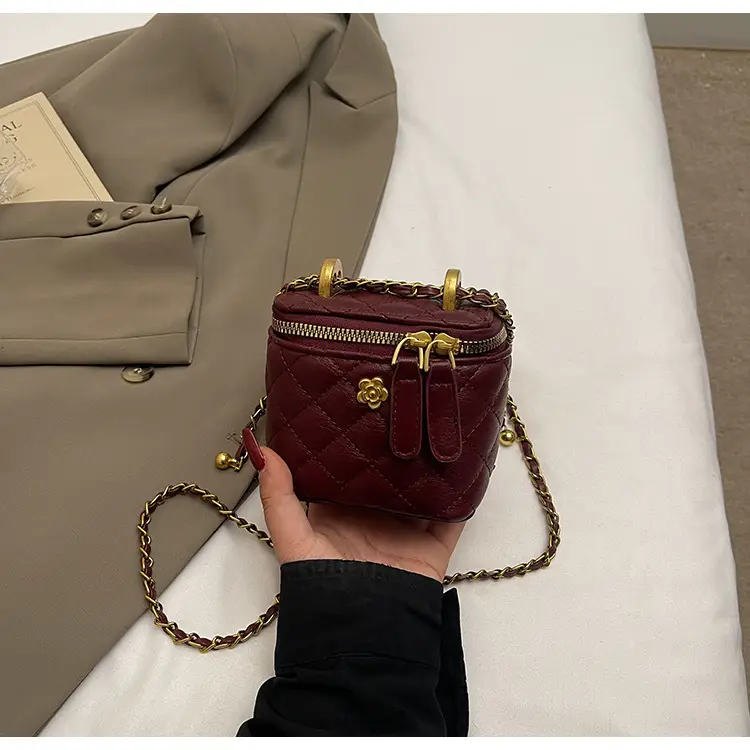 Women's Maroon Quilted Bucket Bag with Gold Chain — feature 33