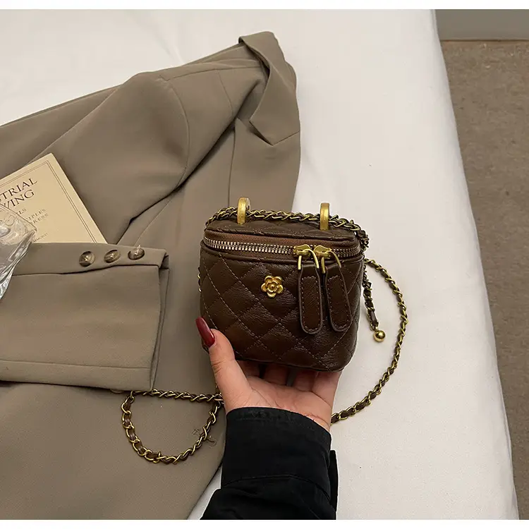 Women's Maroon Quilted Bucket Bag with Gold Chain — feature 35