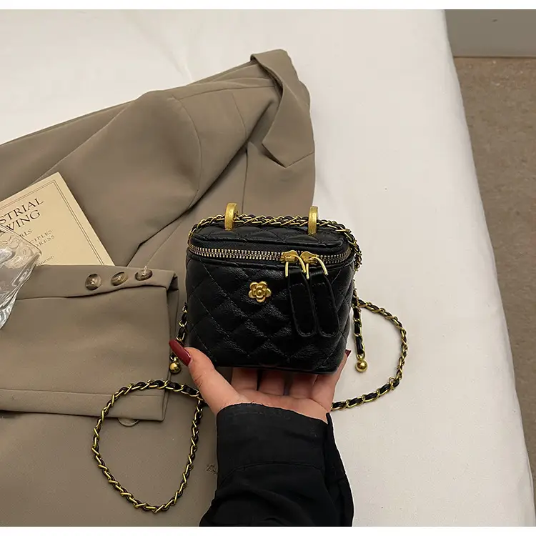 Women's Maroon Quilted Bucket Bag with Gold Chain — feature 36