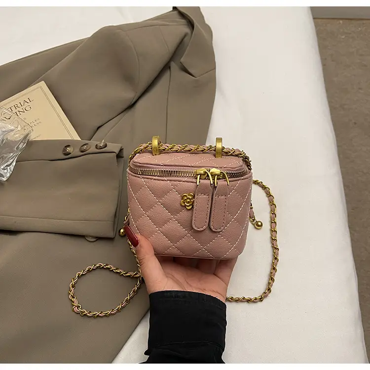 Women's Maroon Quilted Bucket Bag with Gold Chain — feature 37
