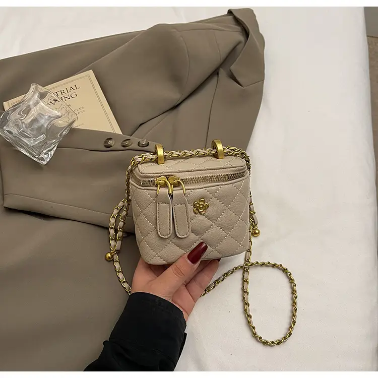 Women's Maroon Quilted Bucket Bag with Gold Chain — feature 38