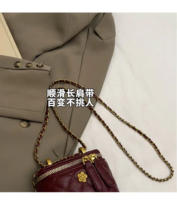 Women's Maroon Quilted Bucket Bag with Gold Chain — feature 4