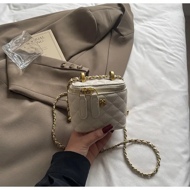Women's Maroon Quilted Bucket Bag with Gold Chain — feature 40